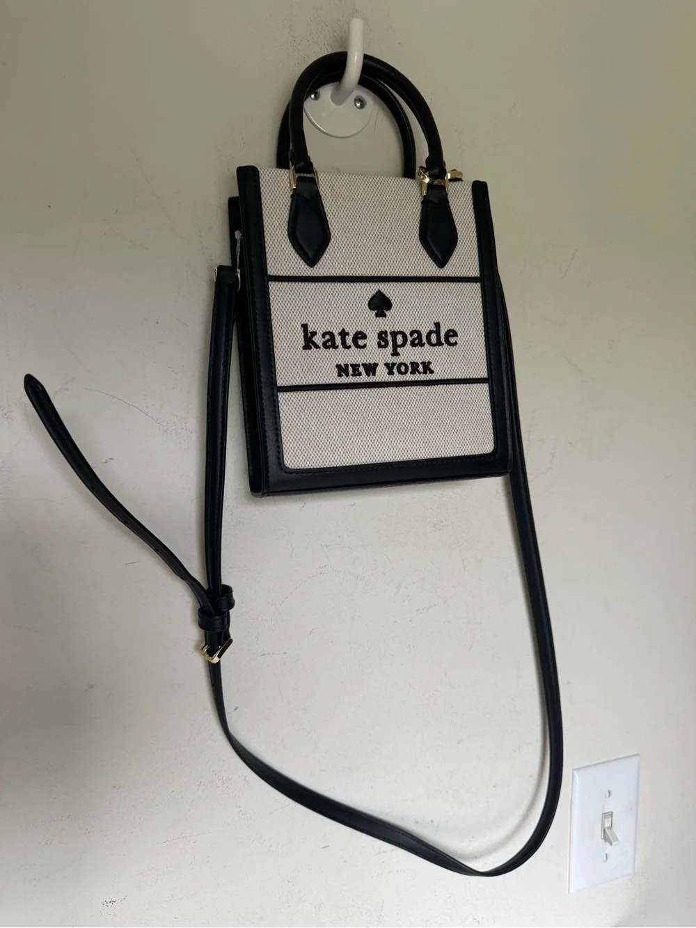 kate spade Ellie Mini Black Leather Cream Structured Canvas Crossbody Tote